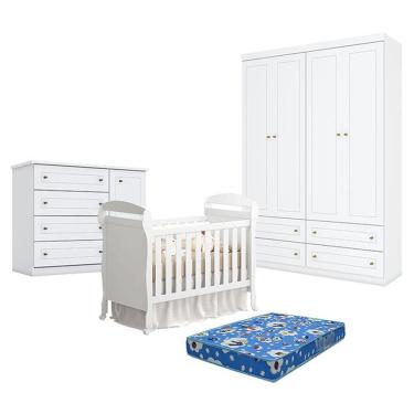 Imagem de Quarto De Bebê Americano 4 Portas Com Berço Danny Branco Acetinado Reller E Colchão Tendtudo - Henn.