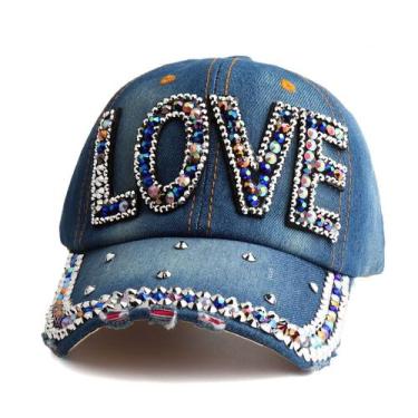 Imagem de Boné de beisebol, jeans, chapéu liso, LOVE, strass, bordado - Yiweisai
