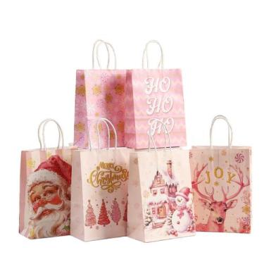 Imagem de Sacos de presente, papel kraft rosa de Natal com alças, pacote com 24 