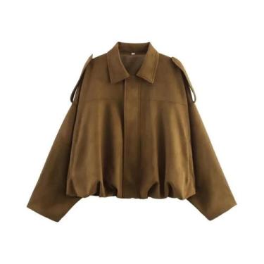 Imagem de Jaqueta Bomber Feminina De Camurça Manga Longa Com Zíper E Gola Lapela