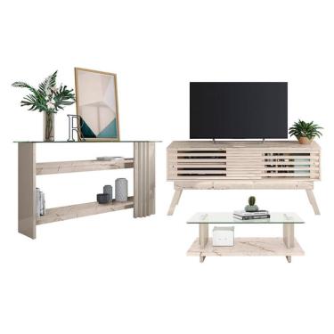 Imagem de Rack Bancada com Aparador e Mesa de Centro Frizz 1.5 Calacata Off White – Madetec
