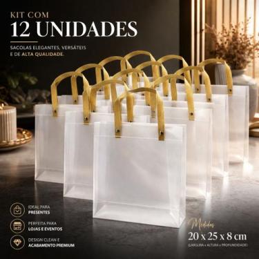 Imagem de Sacola Transparente Média 20x25x8cm Pacote com 12 Unidades para Presen