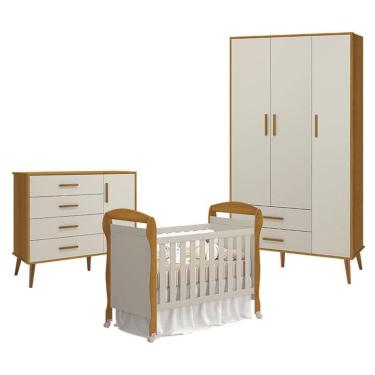 Imagem de Quarto De Bebê 3 Portas Com Cômoda Com Porta Isis E Berço Americano Danny Areia Savana Acetinado - Reller
