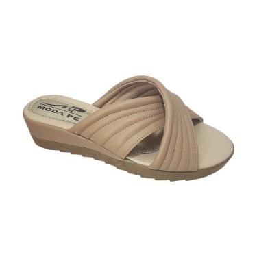 Imagem de Sandália Feminina Tamanco Tiras Anabela Super Conforto Moda Pé, Nude, 