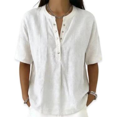 Imagem de Camisa feminina casual de linho e algodão com gola Henley branca - Hon