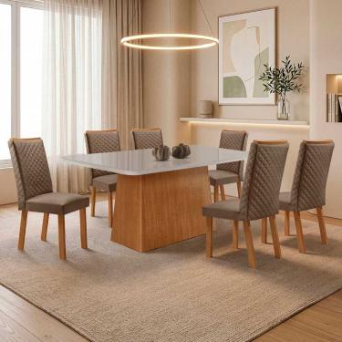 Imagem de Conjunto de Jantar Aida Lira 6 Lugares Tampo MDF com Vidro Serigrafado Veludo Off White 180CM Moderna
