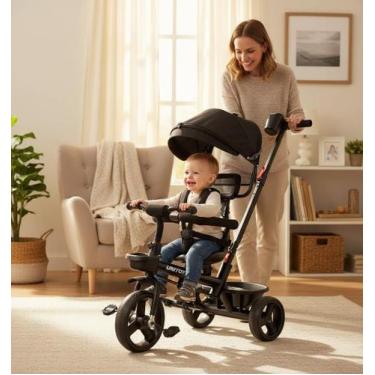 Imagem de Triciclo com Empurrador Modelo Confort Preto, Assento Ajustável, Rodas