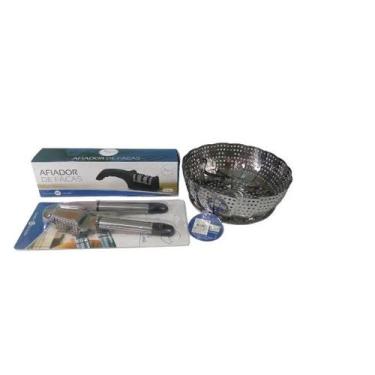 Imagem de Kit 3x1 espremedor de alho inox afiador de facas com cabocesto de cozi