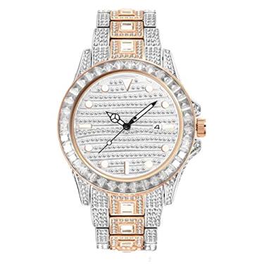 Imagem de Relógio de pulso masculino moderno de diamante analógico, quartzo, mostrador de data, vestido de negócios, pulseira de aço inoxidável à prova d'água, relógio luminoso, ouro rosa 1