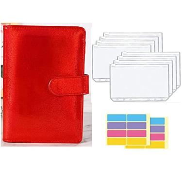 Imagem de A5 A6 Pasta de couro PU sistema de carteira de envelope de dinheiro com bolso de pasta de envelope de orçamento para orçamento, vermelho brilhante, A6