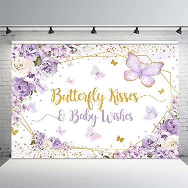 Imagem de MEHOFOND Beijos de borboleta e desejos de bebê pano de fundo borboleta roxa decorações de chá de bebê para meninas flores roxas menina aniversário fotografia fundo sobremesa suprimentos de mesa 2 x 1,5 m