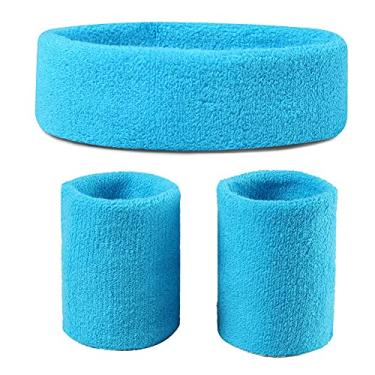 Imagem de Faixas de transpiração (conjunto de faixa de cabeça/pulseira) para malhar, festa à fantasia dos anos 80, azul neon, tamanho único