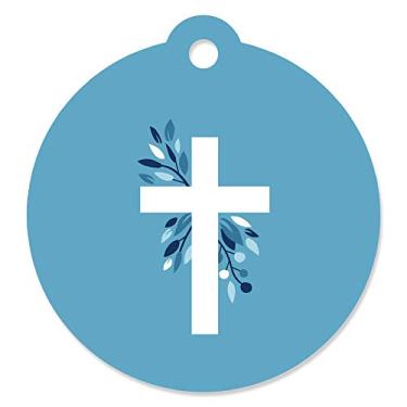 Imagem de Cruz elegante azul - Etiquetas de presente para lembrancinhas religiosas para meninos (conjunto com 20)