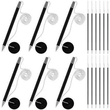 Imagem de Conjunto de 6 canetas seguras com correntes e suportes de caneta, e 12 refis de tinta em branco, canetas balcão de recepção com corrente de contas de 58 cm para lojas de varejo, lojas de hotel, tinta