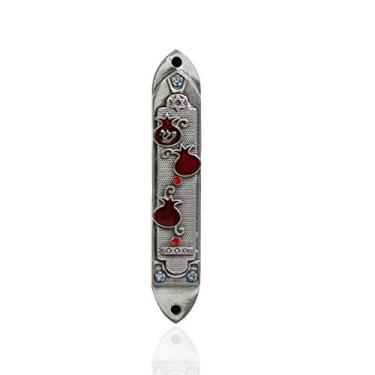 Imagem de Pewter enamelled Pomegranate with Blue and red and blue stones - Mezuzah - top quality ( 8.9cm with Scroll )