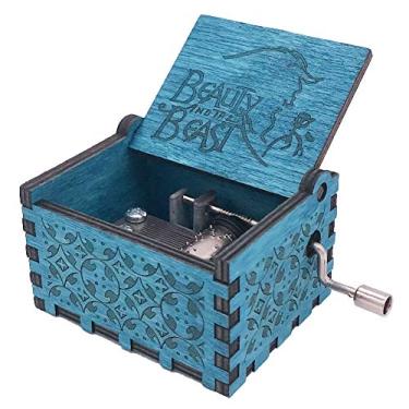 Imagem de Youtang Caixa de música A Bela e a Fera, manivela, caixa musical esculpida em madeira, tema "A Bela e a Fera", azul