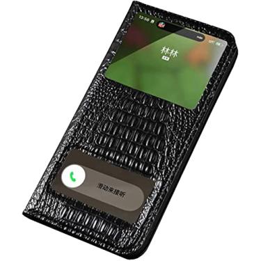 Imagem de GHFHSG Capa de telefone de janela transparente flip de couro com textura de crocodilo, para Apple iPhone 14 Pro Case 2022 Folio Kickstand Cover, pode atender chamadas rapidamente (Cor: Preto)