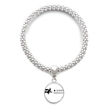 Imagem de DIYthinker Pulseira de prata com pingente de fantasma feliz fear Halloween bruxo corrente ajustável