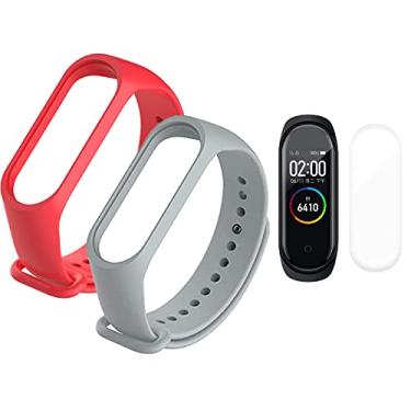 Imagem de Kit 2 Pulseiras extras compatíveis com xiaomi mi band 4 / mi band 5 / mi band 6 / mi band 7 / mi band 8 / mi band 9 + 2x Película Protetora Gel Ultra-Slim (Vermelho + Cinza Mi 4+2x pelicula)