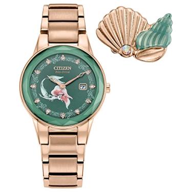 Imagem de Citizen Relógio feminino Eco-Drive Disney Princesa Ariel Crystal conjunto de presente em aço inoxidável dourado, mostrador verde (modelo: GA1073-63W), Ouro rosa, Conjunto de presente de relógio e alfinetes de cristal Ariel da Princesa Disney