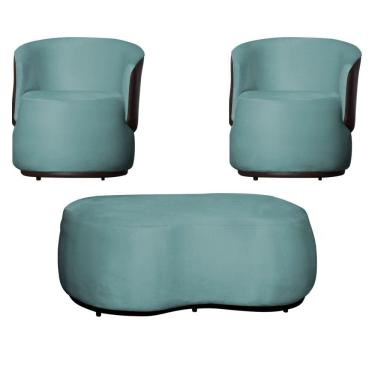 Imagem de Kit 2 Poltronas e 1 Puff Grande Design Orgânico Beatriz Veludo Composê Corino Marrom - Estopar