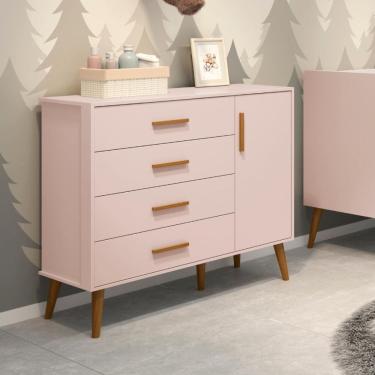 Imagem de Cômoda Sapateira Infantil 4 Gavetas 1 Porta Isis Móveis Reller Rosa