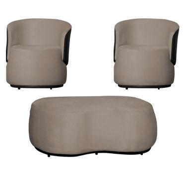 Imagem de Kit 2 Poltronas Decorativas e 1 Puff Grande Estilo Orgânico Beatriz Suede Composê Corino Preto - Estopar