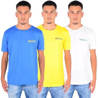Imagem de Camiseta Masculina Dry Fit Gola Careca Manga Curta Kit 3 Azul/Amarelo