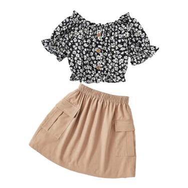 Imagem de SweatyRocks Conjunto de 2 peças para meninas, blusa com estampa floral, ombros de fora, camisas e minissaias de cintura alta, Multicor, 10Y