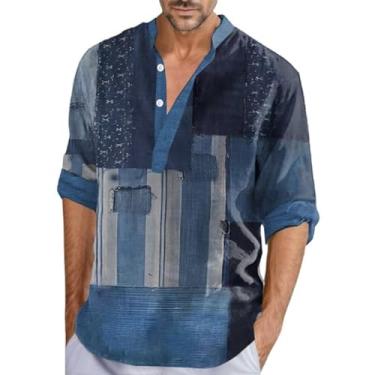 Imagem de Camisa masculina vintage patchwork estampa colorida bloco manga comprida camisa casual hippie esportes praia tops blusa (Color : Blue, Size : S)