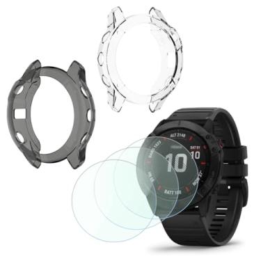 Imagem de FONTRON Compatível com protetor de tela para Garmin Fenix 6x / Fenix 6x pro, cobertura total de filme de vidro temperado e caixa de proteção TPU Fenix 6x pro (Pacote de 3+2)
