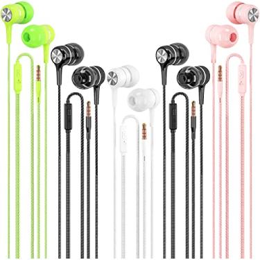 Imagem de Fones de ouvido com fio com microfone pacote com 5, fones de ouvido intra-auriculares com graves pesados, fones de ouvido de compatíveis com iPod, iPad, MP3, telefones Android, serve para todos os conectores de 3,5 mm