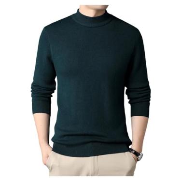 Imagem de Suéter masculino de gola redonda de malha de cor sólida suéter fino justo pulôver camada de base, Verde, M