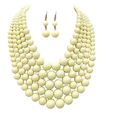 Imagem de Rosemarie & Jubalee Conjunto de 5 colares e brincos de pérola simulada de vários fios coloridos para mulheres, extensor de 40,6 cm + 7,6 cm, Metal Vidro, Contas de vidro