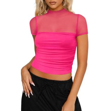 Imagem de REORIA Camisetas femininas sexy de malha transparente franzida gola rolê manga curta para sair, Vermelho neon rosa, GG