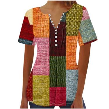 Imagem de MaMiDay Blusas femininas casuais de verão com botão e gola V, camisas soltas, estampadas, modernas, plissadas, de manga curta, A02# Multicolorido, G