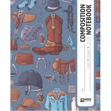 Imagem de Caderno de composição: Ilustrações de equipamento equestre com muita variação - Caderno pautado amarelo/faculdade/diário para escola, faculdade, universidade e escritório