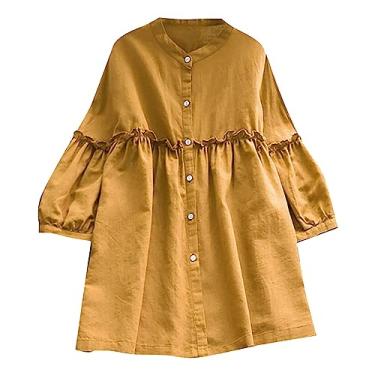 Imagem de Vestido feminino de algodão e linho, manga comprida, abotoado, casual, gola V, blusas lisas, verão, Amarelo, XXG