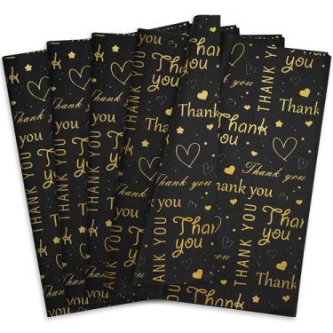 Imagem de Hi Sasara 100 folhas de papel de seda preto com ouro Thank You Bulk, 35,56 x 50,8 cm, papel de seda de agradecimento dourado preto para pequenas empresas, papel de seda para embalagens de presente