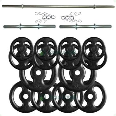 Imagem de Kit Fitness 60 Kg de Anilhas Ferro + Barras Maciças Zincada com Presilhas