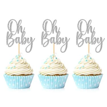 Imagem de 24 Pieces Oh Baby Cupcake Topper Silver Glitter Baby Shower Cake Decorations Boys Girls Birthday Party Supplies