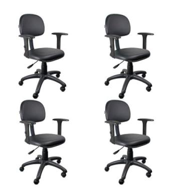 Imagem de Kit 4 Unidades Cadeira Escritório Secretária Giratória com Braço Regulável em Couro Preto