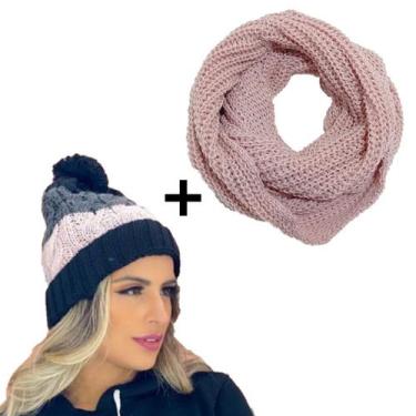Imagem de Conjunto Touca Pompom Listrada Com Cachecol Gola Lã Macio Quentinho - 