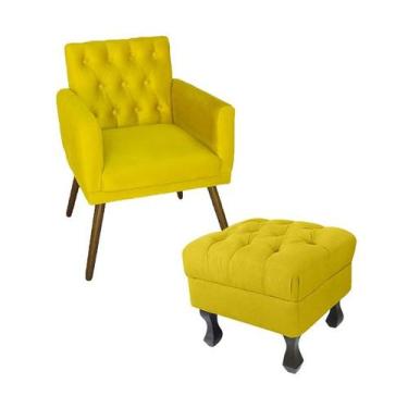 Imagem de Kit Poltrona Emilia E Puff Retrô Para Sala Quarto Suede Amarelo - LM D