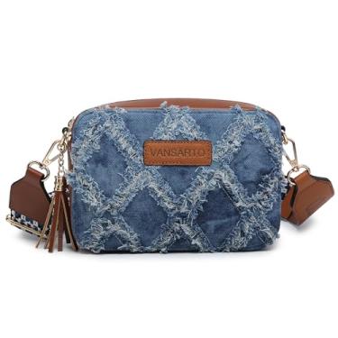 Imagem de VANSARTO Bolsa tiracolo feminina acolchoada com borla bolsa jeans envelhecida bolsa de ombro pequena bolsa de viagem moderna com alça larga, Jeans, Small