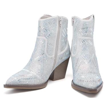 Imagem de Botas femininas de strass com diamantes negros, botas de caubói prateadas, rosa brilhante, sapatos curtos vermelhos brilhantes elegantes largos cano médio tornozelo e botinha, Cinza, 35