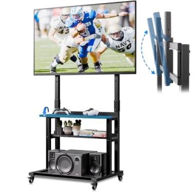 Imagem de Suporte de TV com rodinhas com grande armazenamento e mesa dobrável, suporte alto para TV com rodas traváveis, TVs abaixo de 190 cm, altura ajustável, centro de entretenimento para atividades ao ar