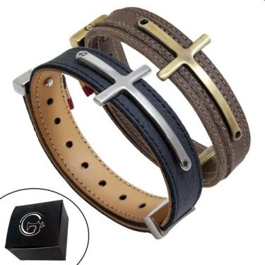 Imagem de Kit Pulseira Cruz Bracelete Crucifixo Inox Couro Legítimo Jesus Fé - G