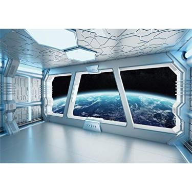 Imagem de AOFOTO Interior de nave espacial de 3 x 2 m com vista de janela no planeta Terra pano de fundo universo exploração ficção científica nave espacial fotografia fundo estação espacial sessão de fotos adereços de estúdio papel de parede de vinil