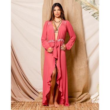 Imagem de Saída de praia longa, manga comprida com botão no punho, bordado nos ombros e cinto, feito a mão-Feminino